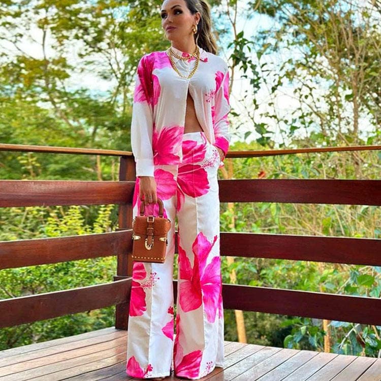 S-2XL Women Fall Print 2 Piece Set Comfortable Long Sleeve Shirt and Pants Outfit Casual Loungewear Set