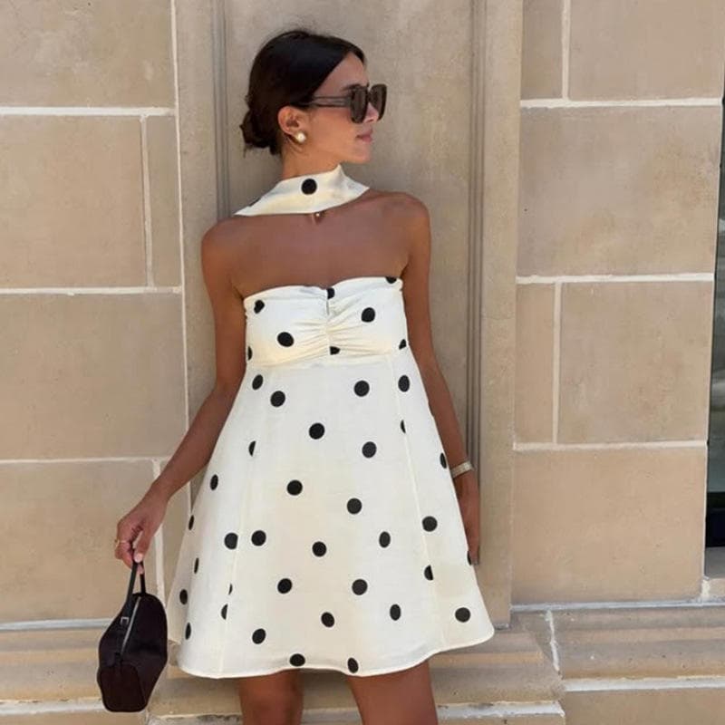 Wenshuo Polka Dot Casual Dress Wholesale Strapless Scarf Dress Custom logo A-line Mini Dress Factory Directly