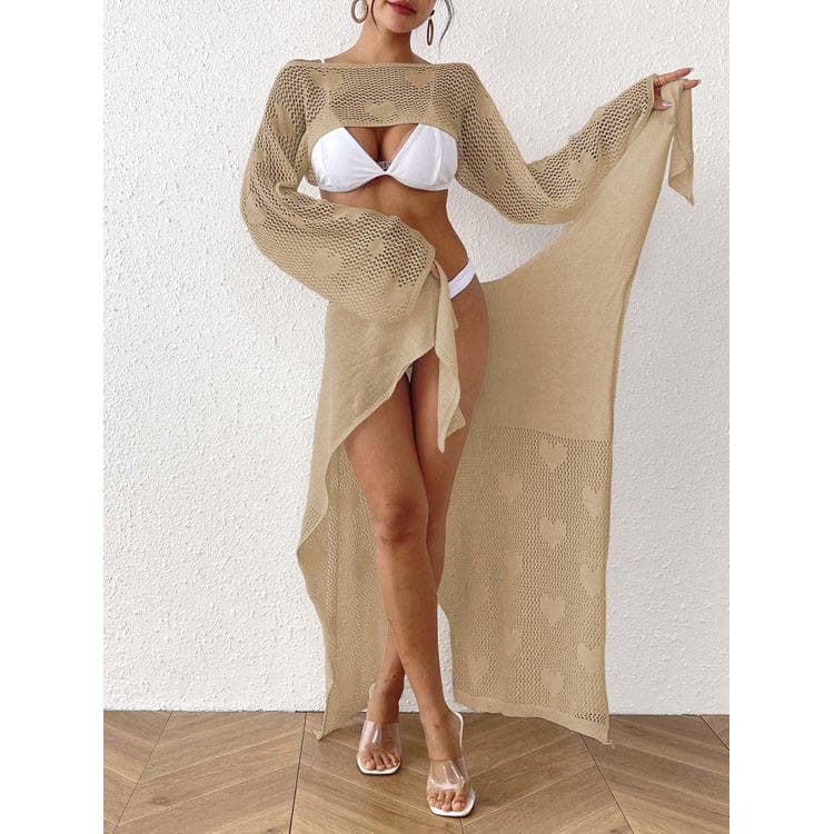 Heart pattern swimsuit outerwear wholesale Waistless blouse two piece set custom logo Knitted bikini cover up factory directly