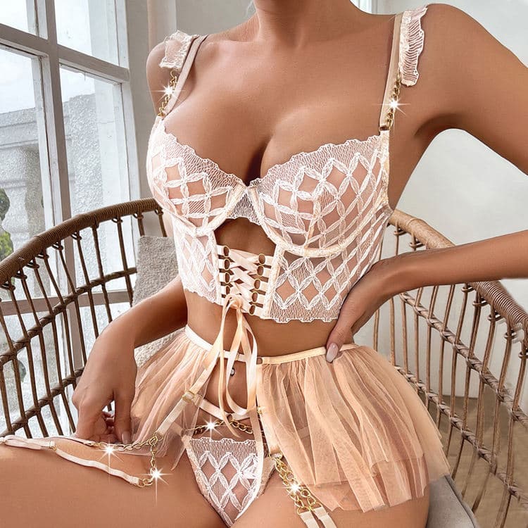 Romantic Night Lingerie Dress Transparent Sexy Lace Bra Brief Sets Underwear Embroidered Fish Bone