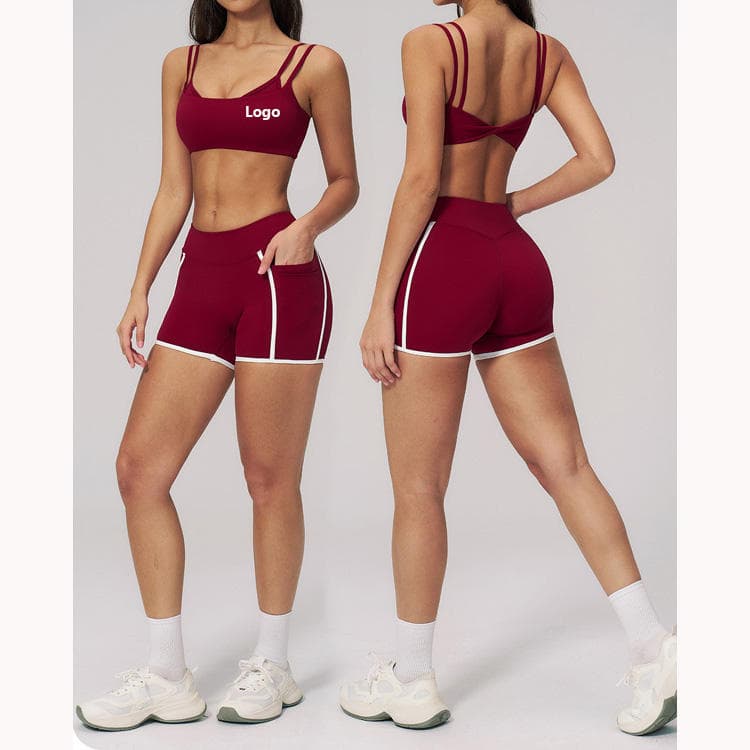 78 Nylon 22 Spandex Nude Feeling 2 in 1 Gym Fitness Set Bra and Shorts with Pocket Women Yoga Sets