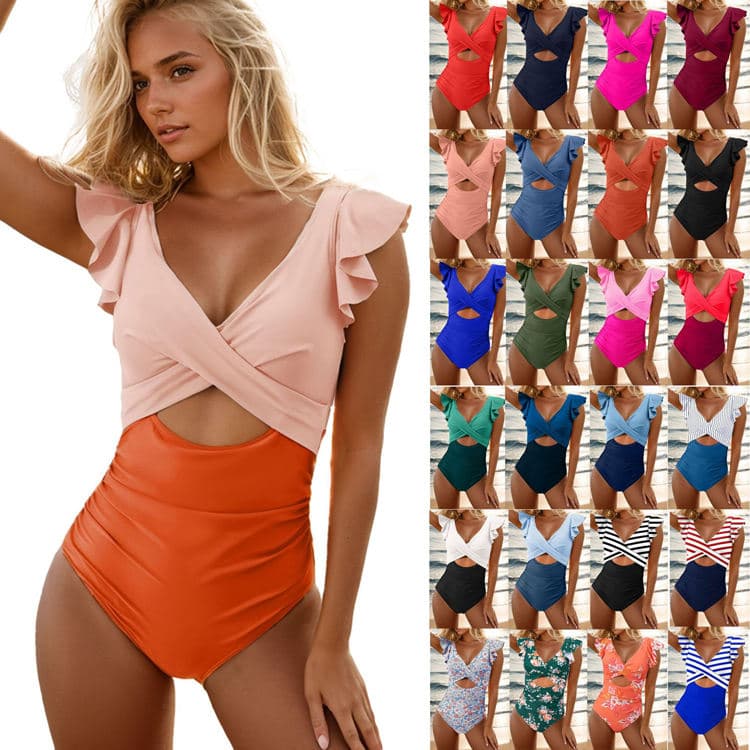 V Neck Hollow Ruffles Sleeves Sexy Swimming Colorful One Piece Bikini 2024 Bathing Suits