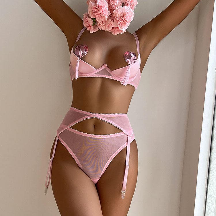 Sexy Open Perspective Sexy Lingerie Pink Peach Nipple Stickers Romantic Sexy Uniform Three Piece Set