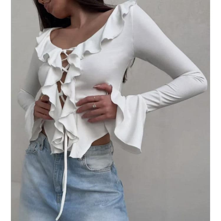 Wholesale Sexy V-neck Strap Top Fashion Splicing Lotus Leaf Sleeve Top Solid Color Hollow Horn Sleeve T-shirt