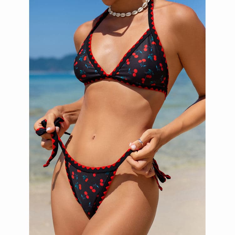 Halter Neck Two Piece Sexy Cherry Print Black Bikini Ins Explosive Swimwear Wholesale Custom Beachwear