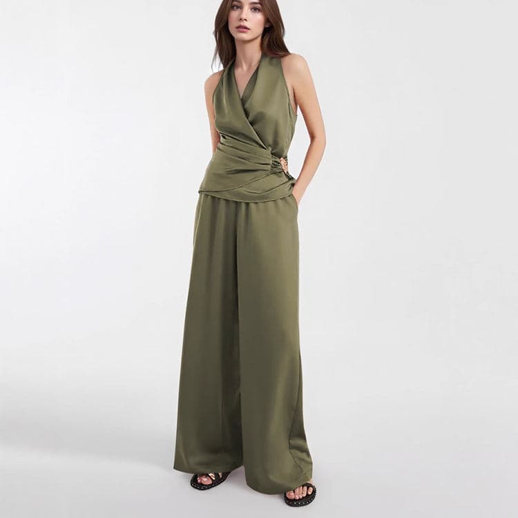 Wenshuo Sleeveless Halter Top Wholesale Simple Trousers Custom logo Solid Color Suit Factory Directly