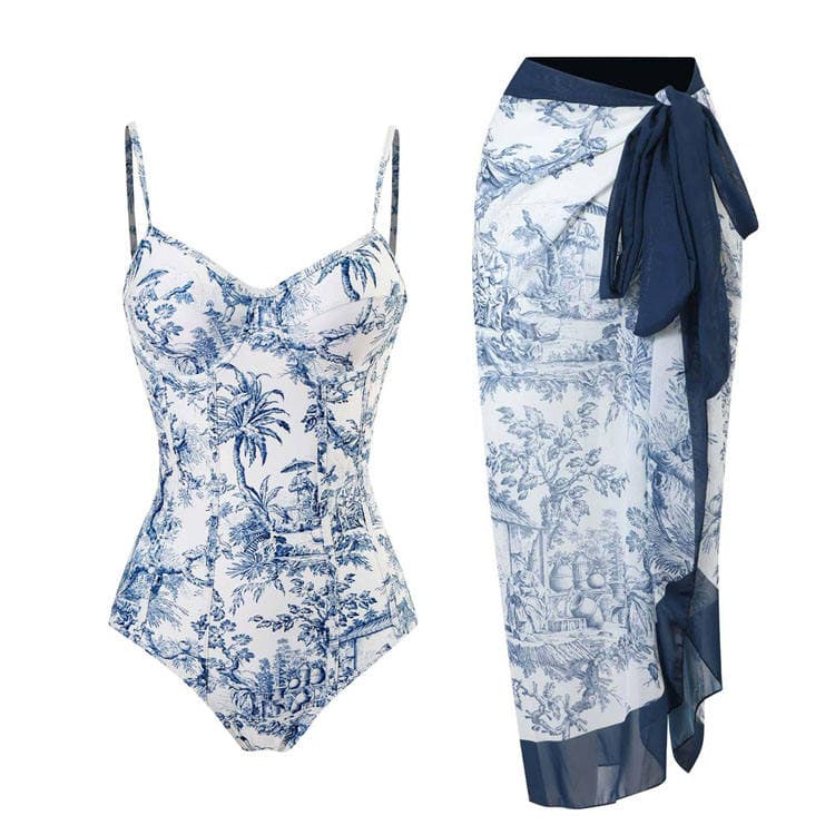2023 New Sling Vintage Print One Piece Bikini Chiffon Long Skirt Beach Sun Proof Bathing Suit
