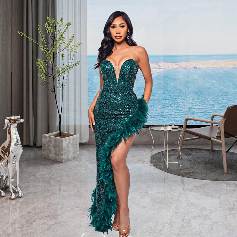 S-3XL Feather Hem Evening Dress Wholesale Backless Sequined Long Dress Manufacturer Deep V Fashion Dinner Dress Factory Directly