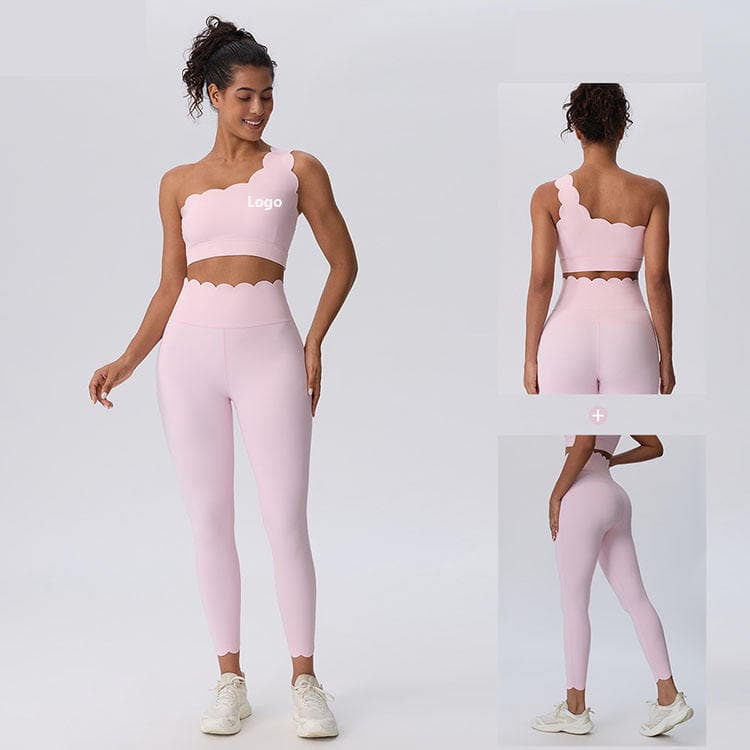 Nylon Spandex Quick Dry Workout Set Wavy Lace One Shoulder Bra and Compact High Waist Legging Yoga Set