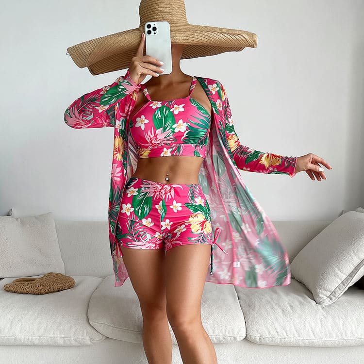 2024 New Three Piece Floral Printed Bikini Hawaiian Vacation Style Swimsuit Set Sexy Beach Wear