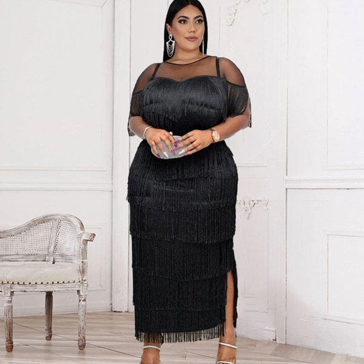 Solid Color Multi Layer Tassel Dress High Waist Hip Wrap Black Dress