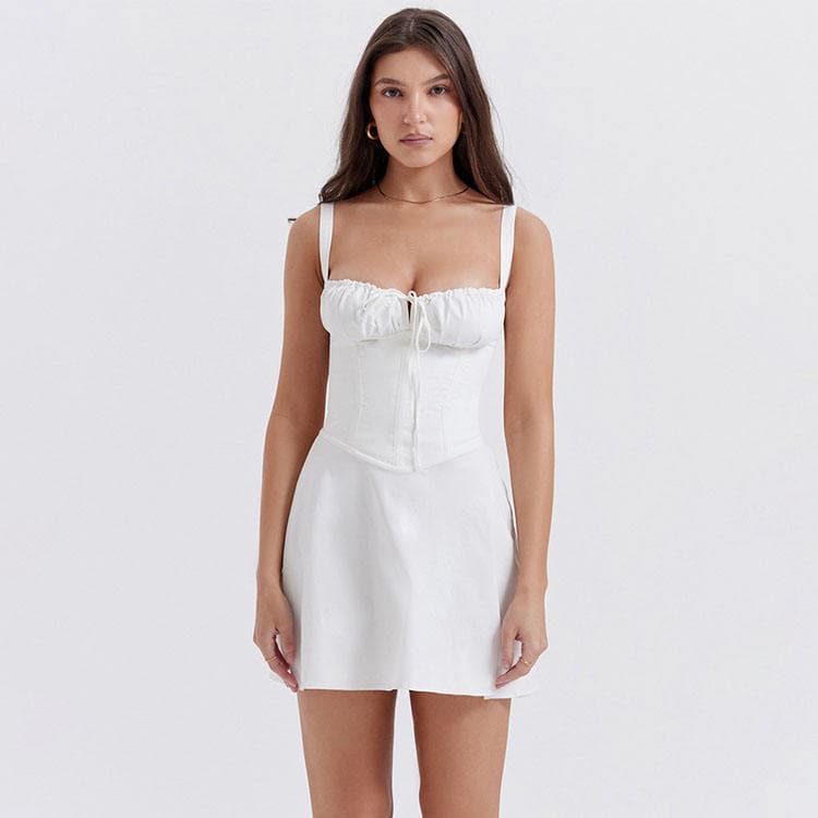 High Quality Women Dress Sexy Strap Backless High Waist Mini Dress Fishbone Elegant Short Holiday Casual Dress