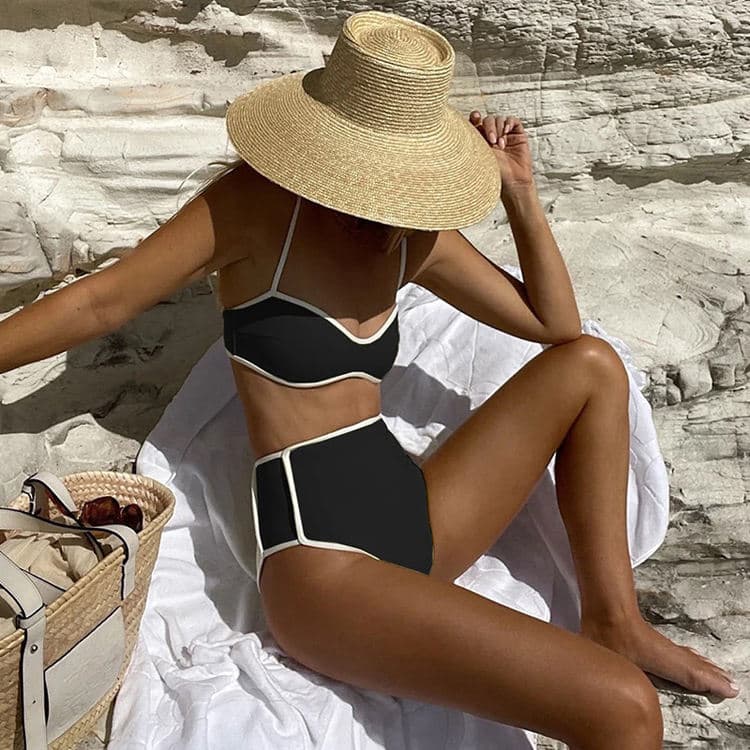 Black White Color Collision One Piece Bikini New Simple Sexy Push up High Waist Swimsuit Summer Beachwear