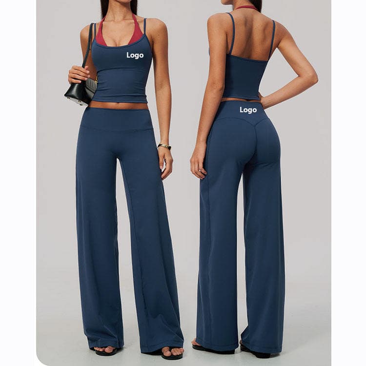 Nylon Spandex Brushed 2 in 1 Breathable Quick Drying Workout Set Top and High Waist Wide Legging 2 Piece Yoga Set