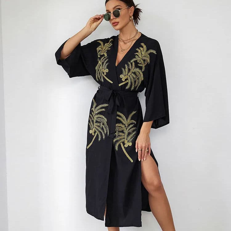 2024 New Rayon Embroidered Lace Holiday Cardigan Long Beach Bikini Cover Ups