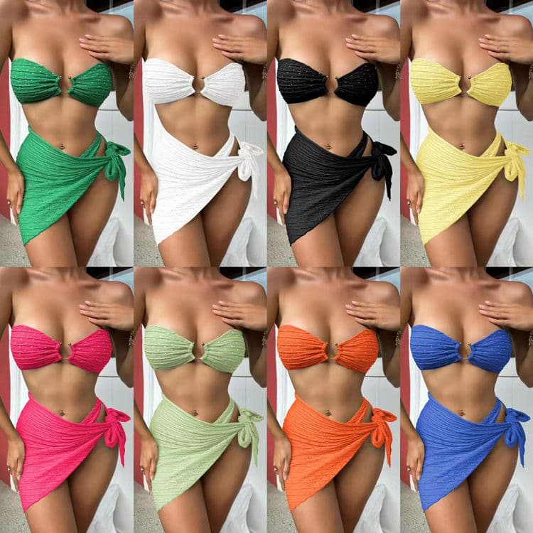 2023 New Tube Top Bikini Skirt Three Piece Swimwear Solid Color Hollow Bikini