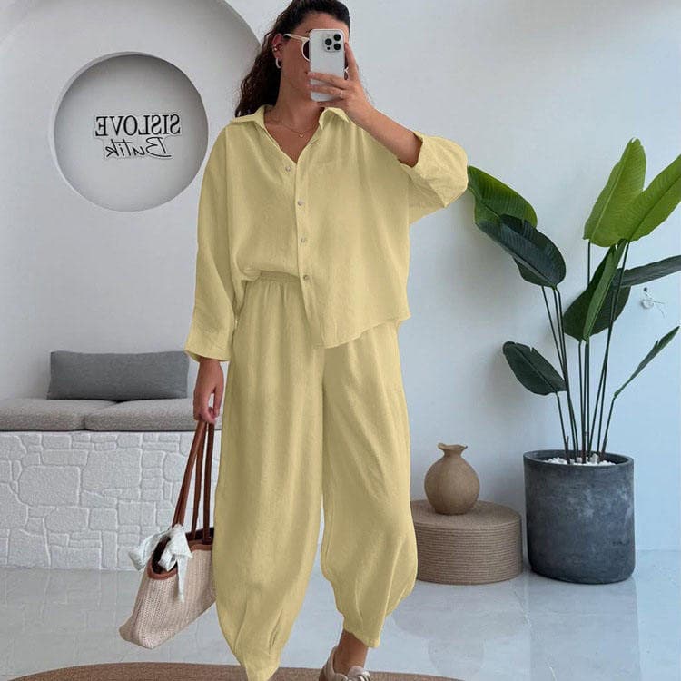 Wenshuo Stylish Long Sleeve Top Wholesale Simple Elastic Trousers Custom logo Solid Color Women Set Factory Directly