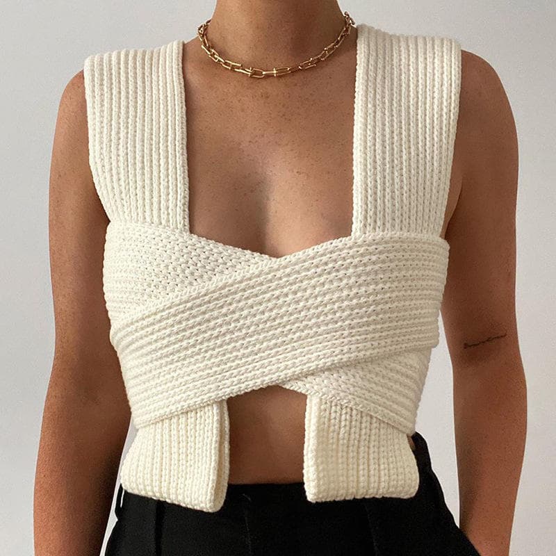 New Sexy Women Clothing Solid Color Front Cross Sweater Woven Vest Knitted Sweater