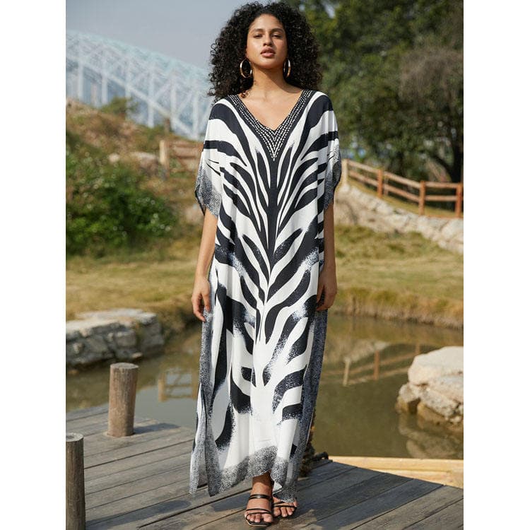 Holiday Long Dress Rayon Position Printed Flowers Cover Ups Oversize Women Beach Sexy Cover Ups