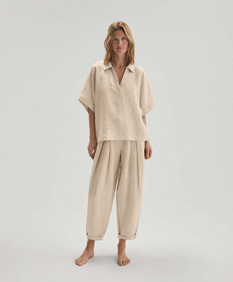 2023 Cotton and Linen Pajamas Fashion Comfortable Short Sleeve Long Pants Pajamas Set Home Clothes