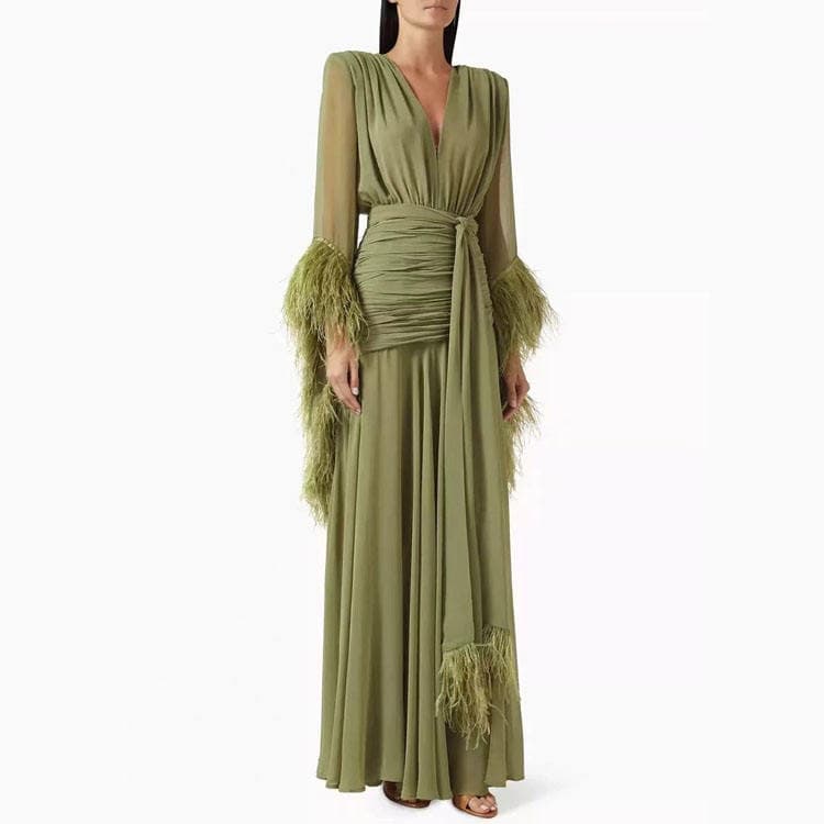 Wenshuo Tasseled Pleated Dress Wholesale Deep V Neck Dress Custom logo Slit Maxi Dress Factory Directly