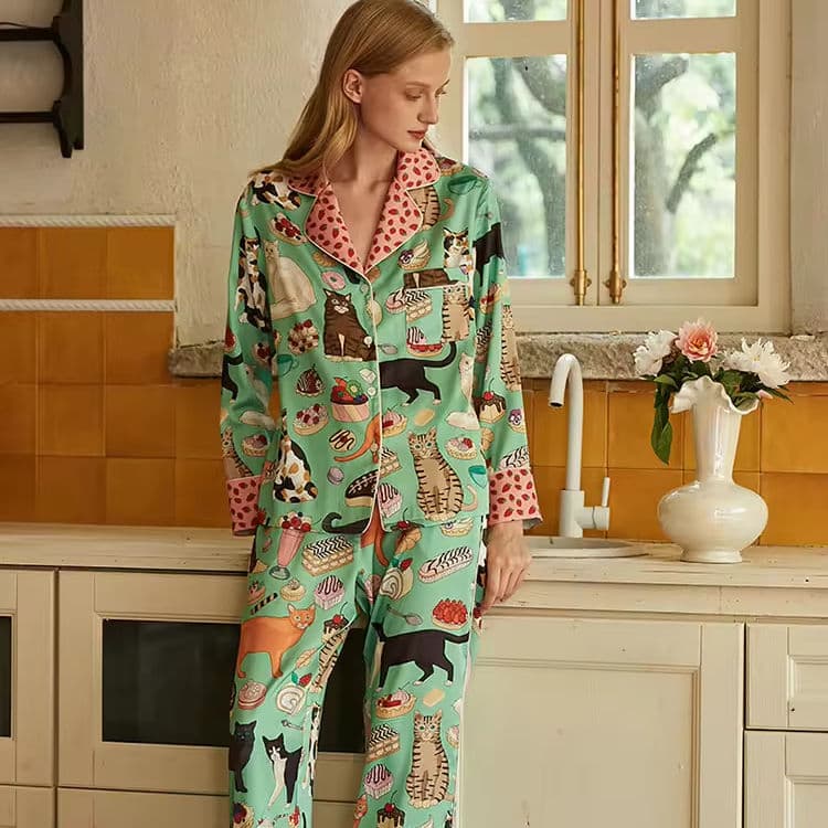 Ice Silk Pajamas Women Long Sleeve Thin Autumn Loose Two Piece Silk Home Clothes