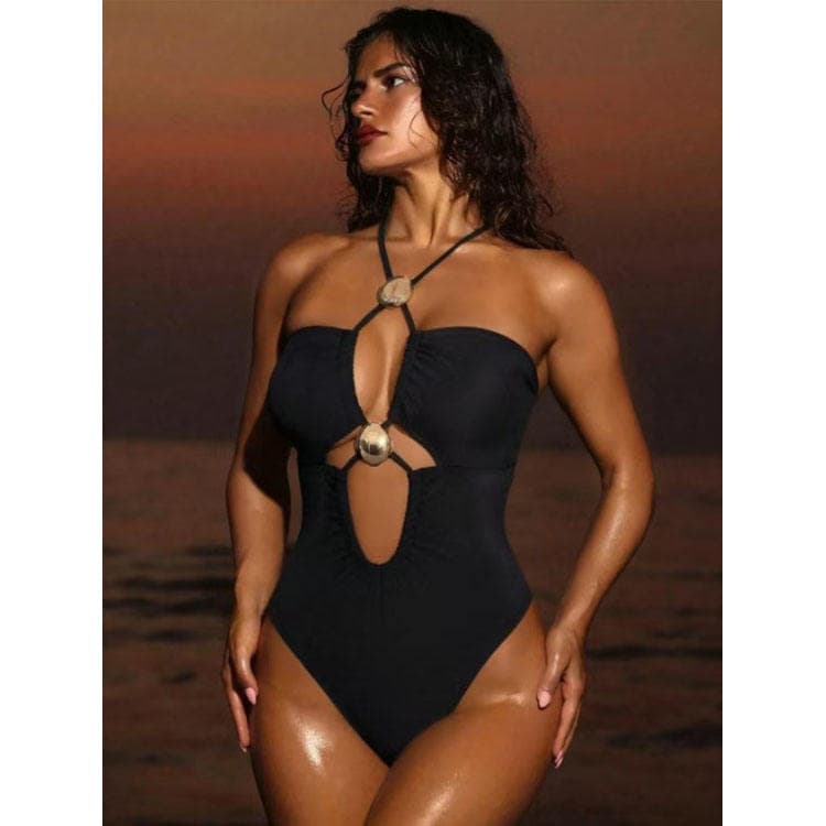 2026 New Halter Solid Color Sexy One Piece Bikini Elegant High Cut Backless Beach Swimsuit Push up Swimwear