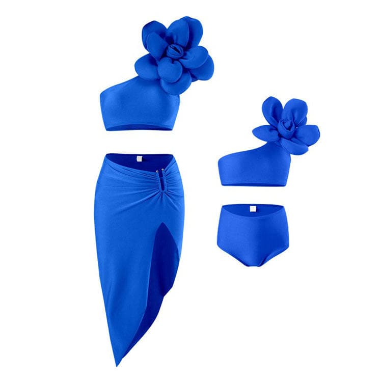 Family Set Holiday 3D Flower One Shoulder 3 Piece Bikini Set Sexy Bathing Suit Family Matching Swimsuit Girls Swimsuits Children