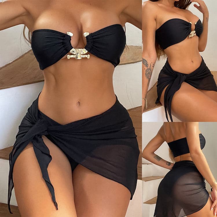 2023 New Hollow Bikini Swimsuit Three Piece Set Black Swimwear
