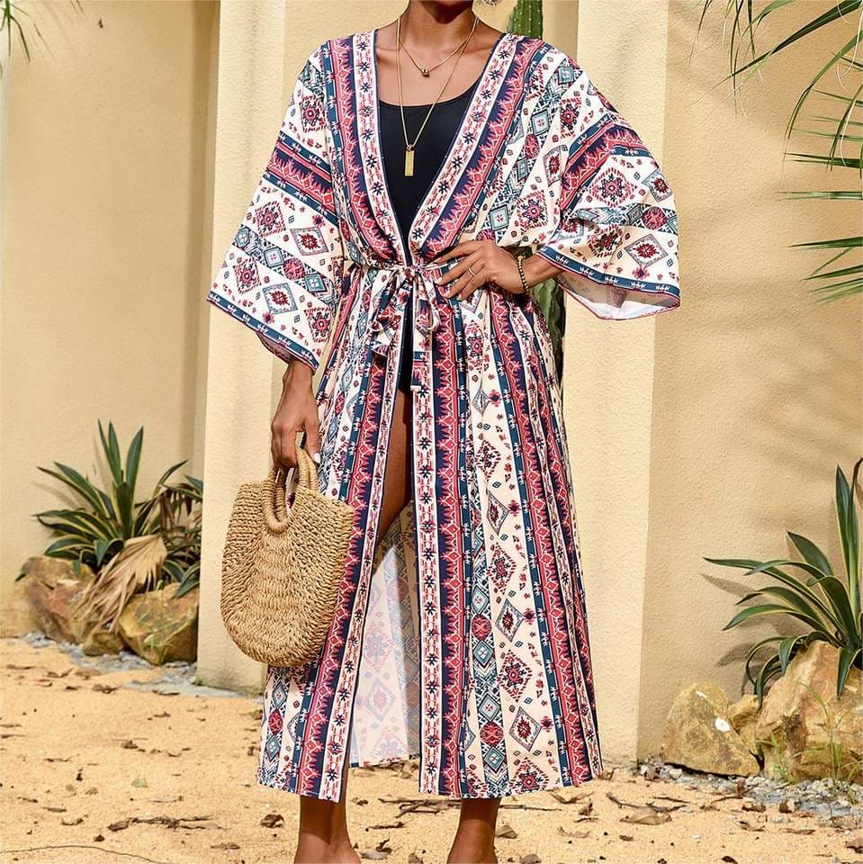 Retro Printed Waist Rayon Shirt Wholesale Sun protection Cardigan Long Dress Bikini Beach Cover up Manufacturer