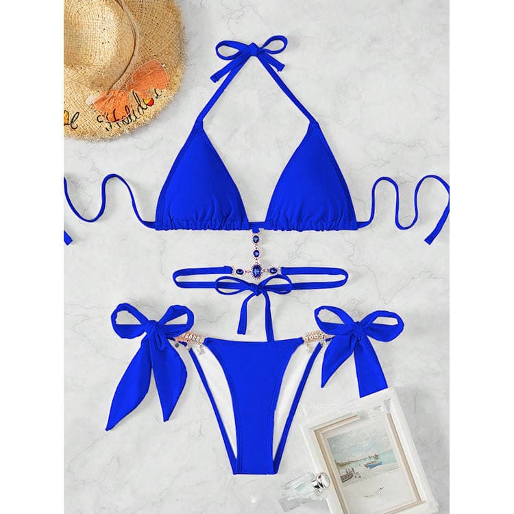 Wholesale Women Swimwear Solid Color Crystal Diamonds Swimsuit Triangle Bandage Backless Beach Bikini Swimsuit