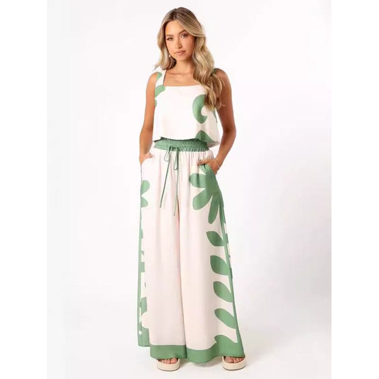 Summer New Women Two Piece Set Short Sleeveless Top with Print and High Waist Wide Leg Pants Casual Outfit Green