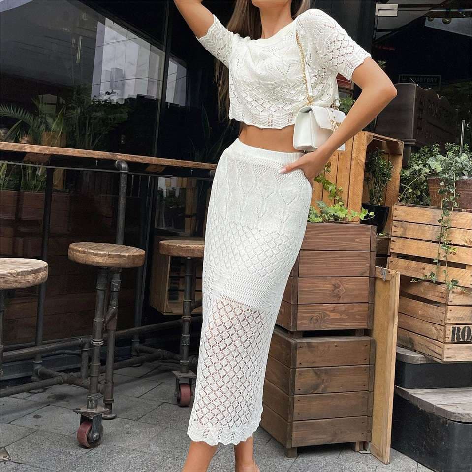 Hollow Knitted Suit Wholesale Waist Baring Short Sleeved Top Custom logo Hip Hugging Long Skirt Factory Directly