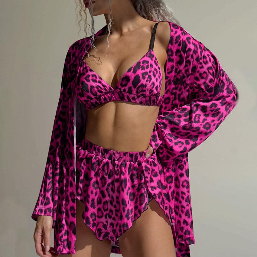 Pink Leopard Suspender Pajamas Manufacturer Soft Shorts Three Piece Set Thin Ice Silk Home Clothes Factory Directly