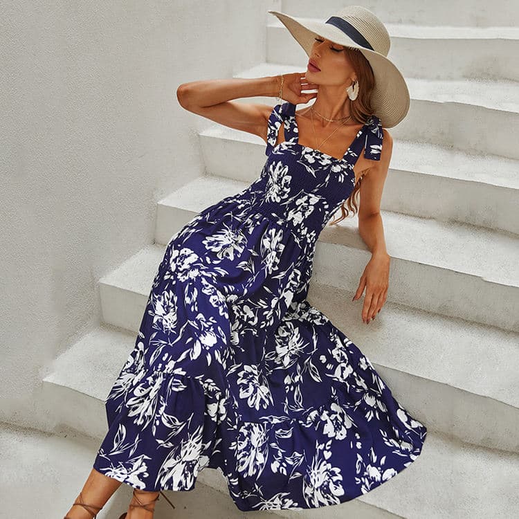 New Womening Spring and Summer Printed Blue Skirt High Waist Long Suspender Dress
