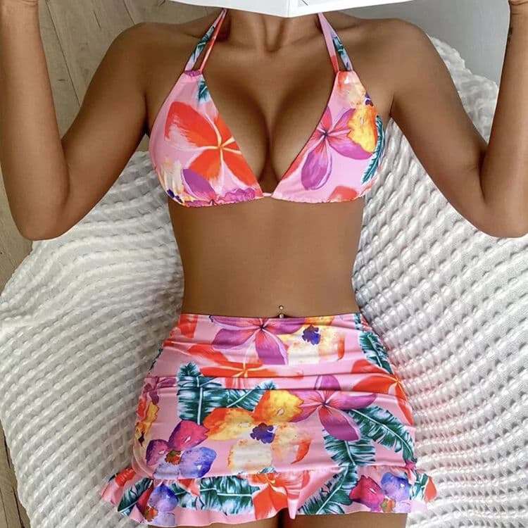 Factory Direct Sale Three Piece Swimsuit Mesh Print Beach Bikini Sexy Swimwear for Women