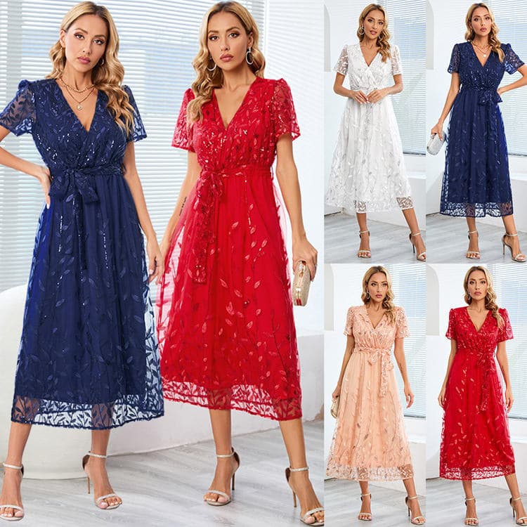 2023 Womens Large Embroidered Bright Silk Gauze Dress Fashion Slim V-neck Long Dress