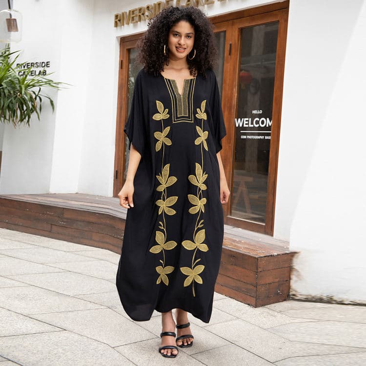 Wholesaler Loose Long Dress Rayon Gold Embroidered Vacation Robe Beach Women Sexy Cover Ups
