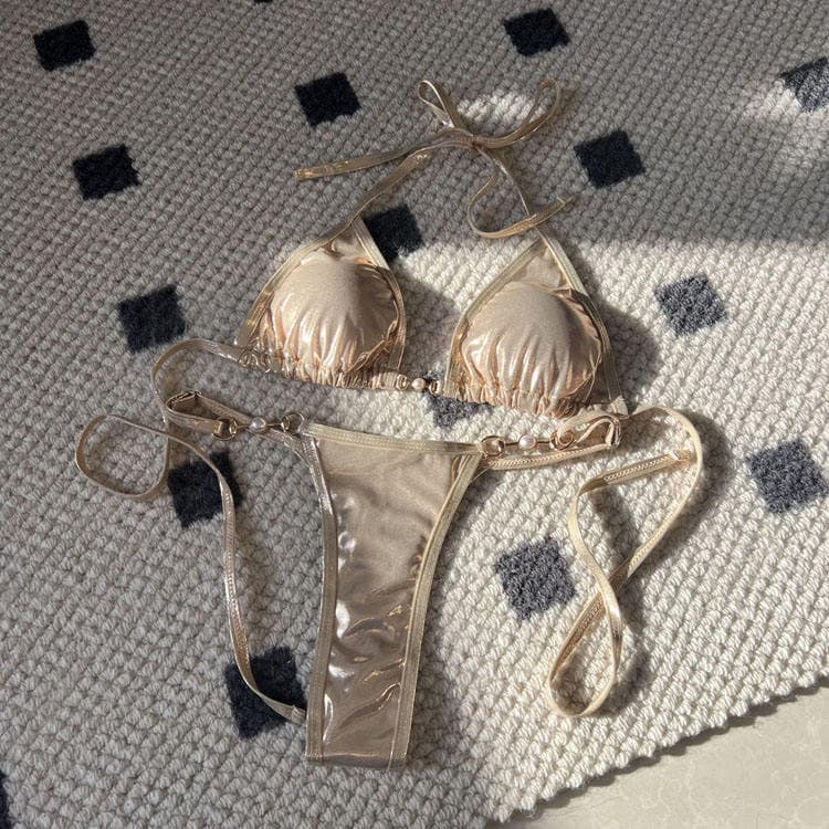 Factory Wholesale 2024 New Sexy Shiny Pearl Thong Bikini Swimsuit for Women