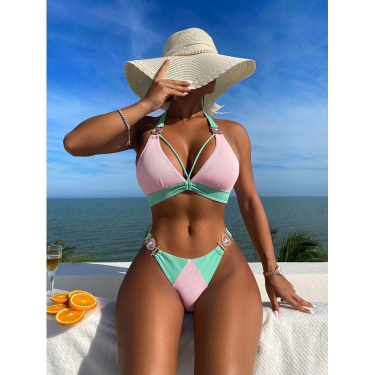 2024 New Style Color Matching Lace up Pit Strip High Waist Bikini Sexy Two Piece Swimsuit for Women