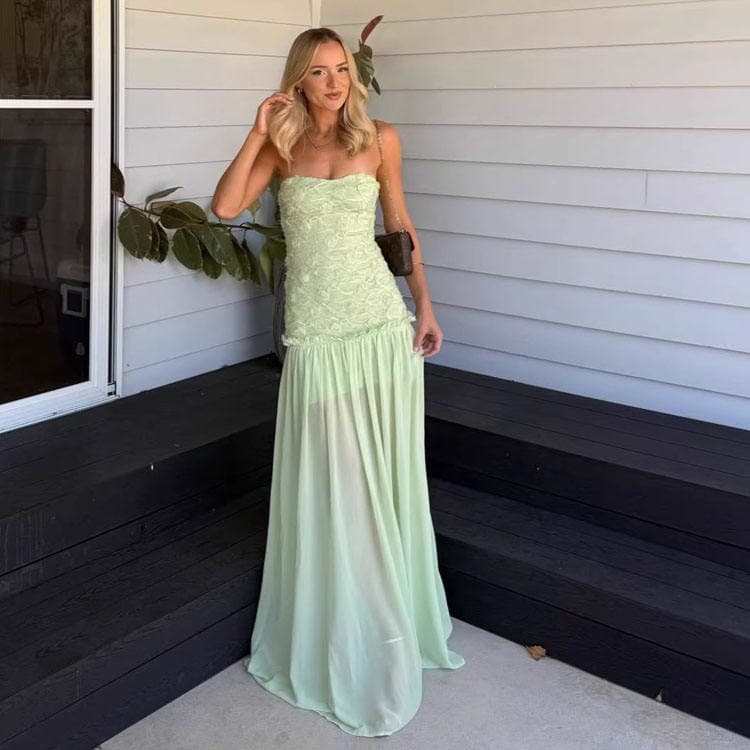 Wenshuo Floral Strapless Dress Wholesale Mesh Chiffon Dress Custom logo Solid Color Long Dress Factory Directly