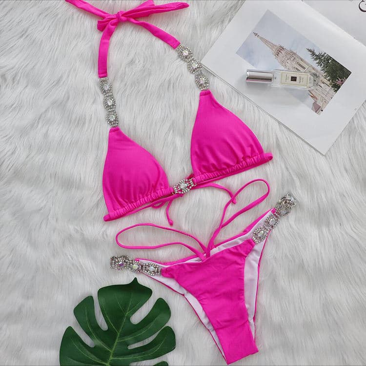 Sexy Crystal Diamond Bikini Solid Color Split Strap Women Sexy Beachwear Bikini