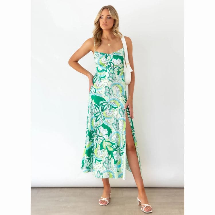 Fashion Chiffon Sling Slit Beach Dress Holiday Summer Midi Dress for Women