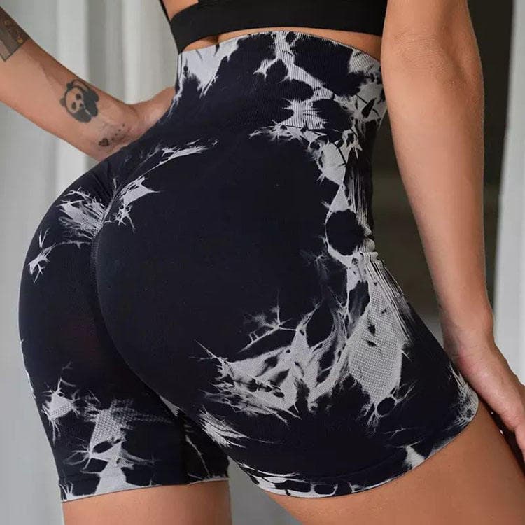 High Waist Hip Lifting Tight Peach Tummy Control Yoga Shorts Tie Dye Fitness Pants for Women