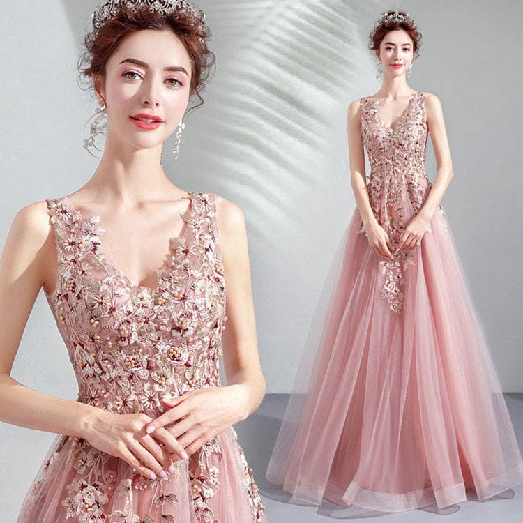 2023 Modest Elegant Evening Party Dress V Neck Sleeveless Pink Bridesmaid Sheer Long Dress Plus Size Embroidery Wedding Dress