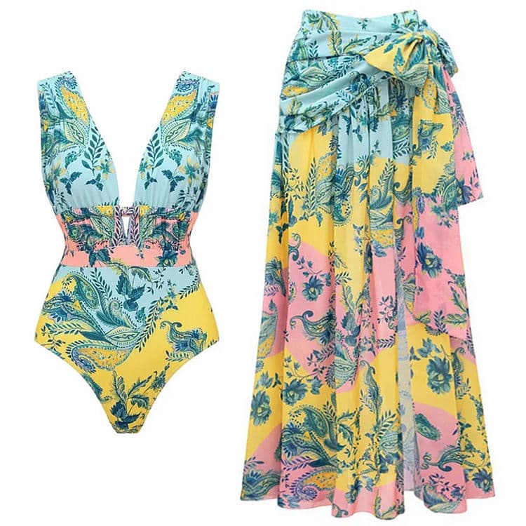 New Sexy Deep-V Bikini Beachwear Tropical Floral Print One Piece Bikini Stylish Vacation Swimwear Set for Women