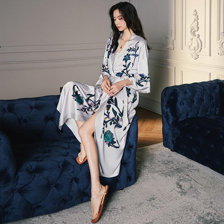 New Satin Pajamas Women Summer Large Size Luxury Long Sleeve Nightgown Bathrobe