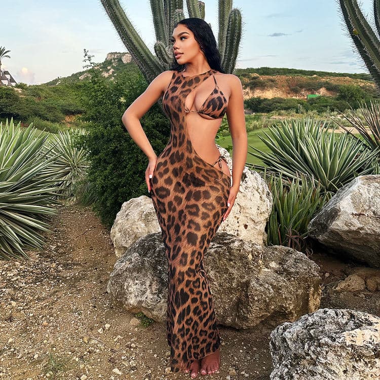 Leopard Backless Swimwear 2024 Stock Super Sexy Bikini Print Fashion Young Girl Sheer Beachwear