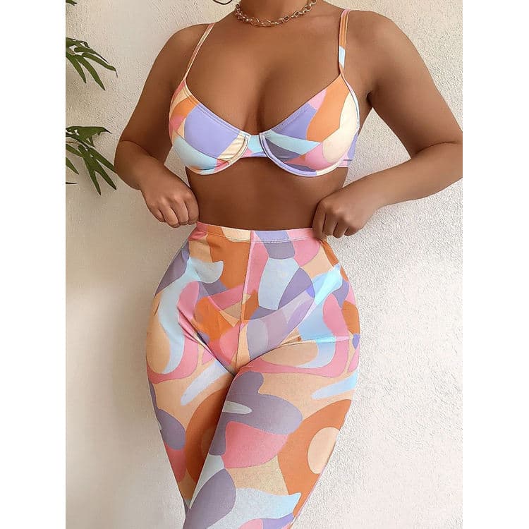 Fashion Print Trousers Bikini Three Piece Swimsuit Light Fabric Summer Swimsuits 2022