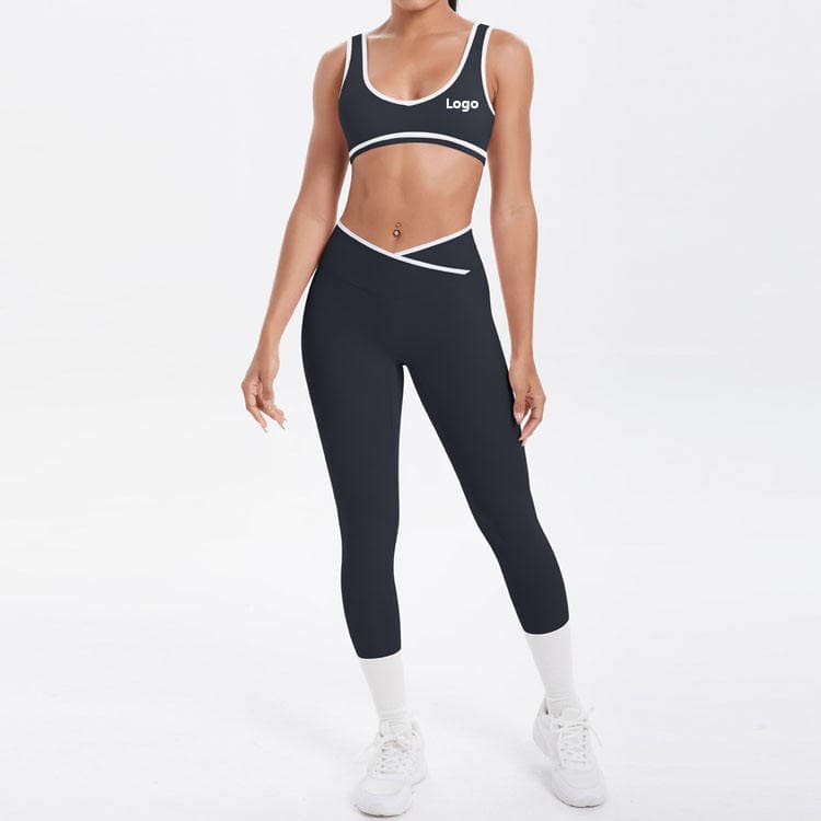 Double Side Brushed Workout Set Block Color Bra and Cross Waist Compact Legging White Binding 2 Piece Yoga Set